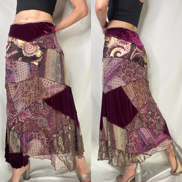 SOLD Cache vintage Y2K patchwork silk maxi skirt fairy paisley floral velvet - Picture 12 of 12